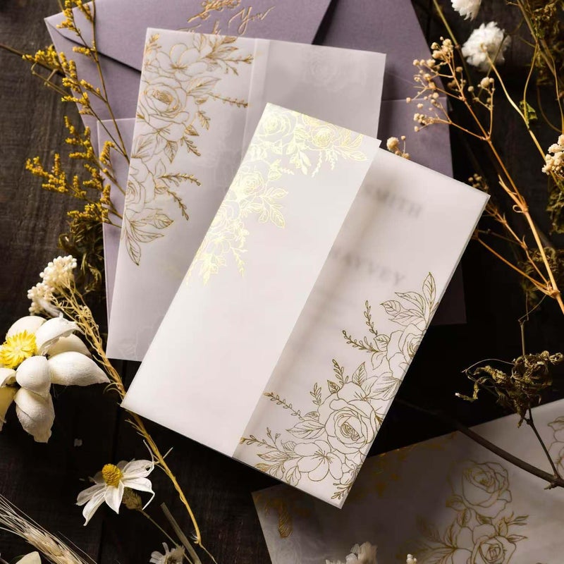 Puremigo 50 Pack Pre-Folded Vellum Jackets for 5x7 Invitations - Gold Foil Pattern - 115GSM Vellum Paper 5x7 Jackets - Vellum Wedding Invitations Wraps - Transparent Wedding Invitations Jacket - Image 2