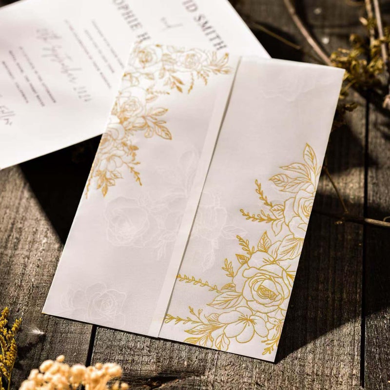 Puremigo 50 Pack Pre-Folded Vellum Jackets for 5x7 Invitations - Gold Foil Pattern - 115GSM Vellum Paper 5x7 Jackets - Vellum Wedding Invitations Wraps - Transparent Wedding Invitations Jacket - Image 5