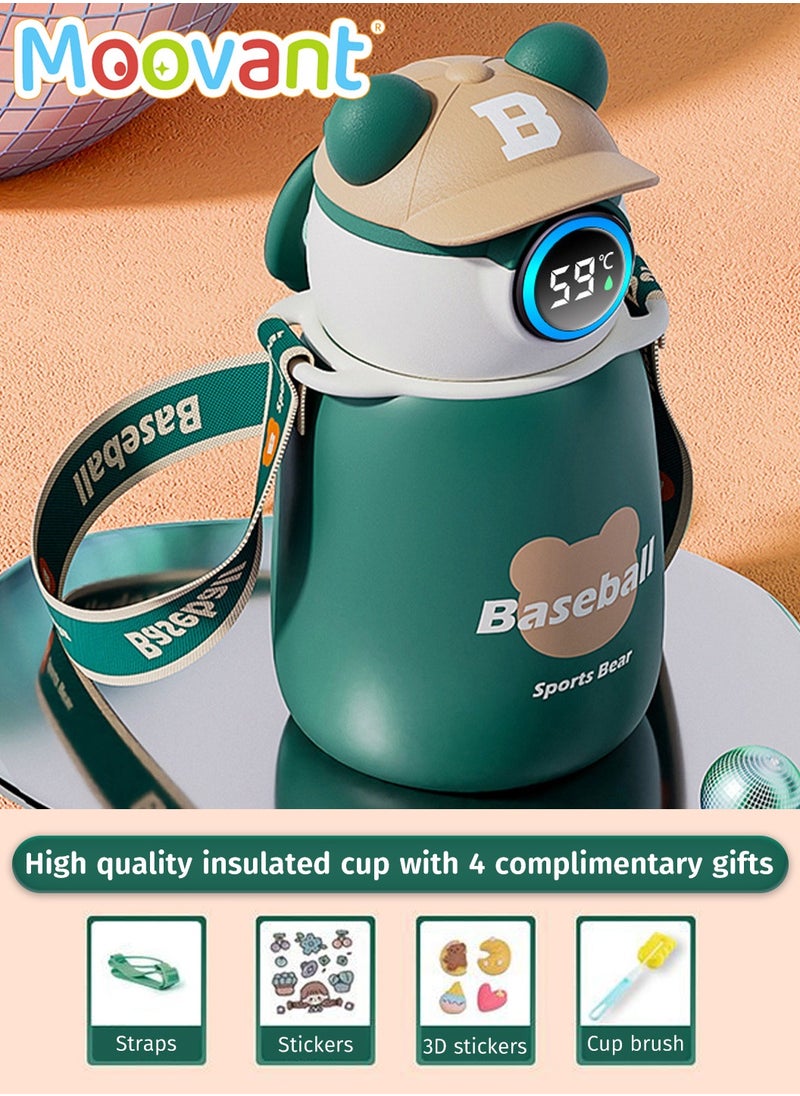 Moovant Kids Water Bottle with Straw Lid, 316 Stainless Steel Vacuum Insulated Cup, Leak-Proof Temperature Display Children's Water Bottle, Portable School and Travel Cup with Strap, Green 450ML  - Image 1