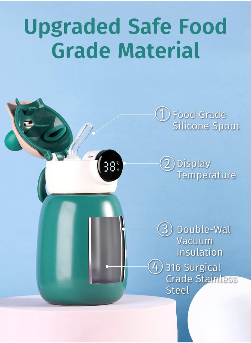 Moovant Kids Water Bottle with Straw Lid, 316 Stainless Steel Vacuum Insulated Cup, Leak-Proof Temperature Display Children's Water Bottle, Portable School and Travel Cup with Strap, Green 450ML  - Image 4