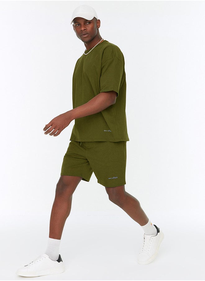 trendyol Dark Khaki Tracksuit Set Oversize Text Embroidered 100% Cotton TMNSS22EM00012  - Image 1