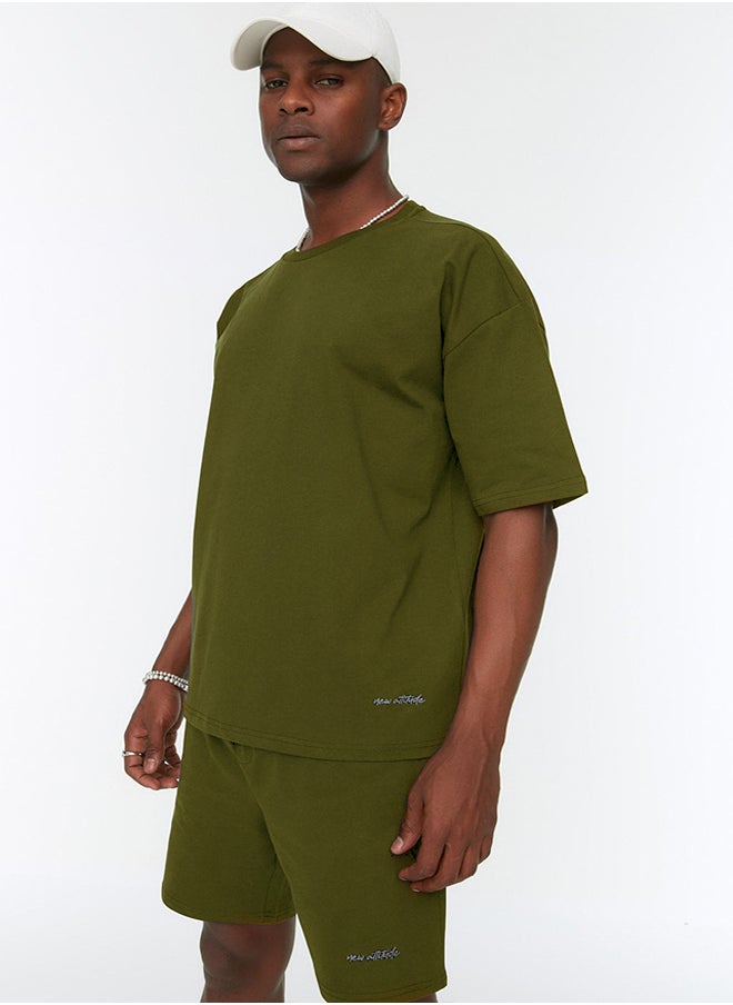 trendyol Dark Khaki Tracksuit Set Oversize Text Embroidered 100% Cotton TMNSS22EM00012  - Image 4