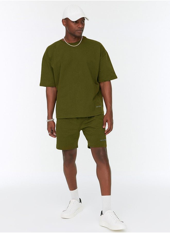 trendyol Dark Khaki Tracksuit Set Oversize Text Embroidered 100% Cotton TMNSS22EM00012  - Image 2