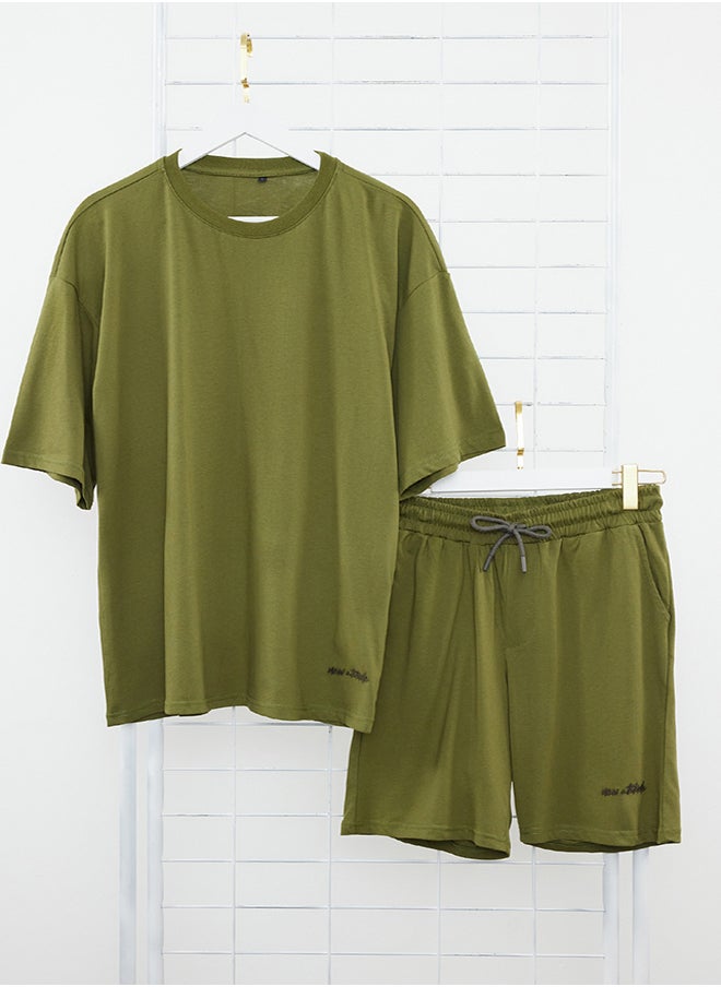 trendyol - Dark Khaki Tracksuit Set Oversize Text Embroidered 100% Cotton TMNSS22EM00012 - Image 1