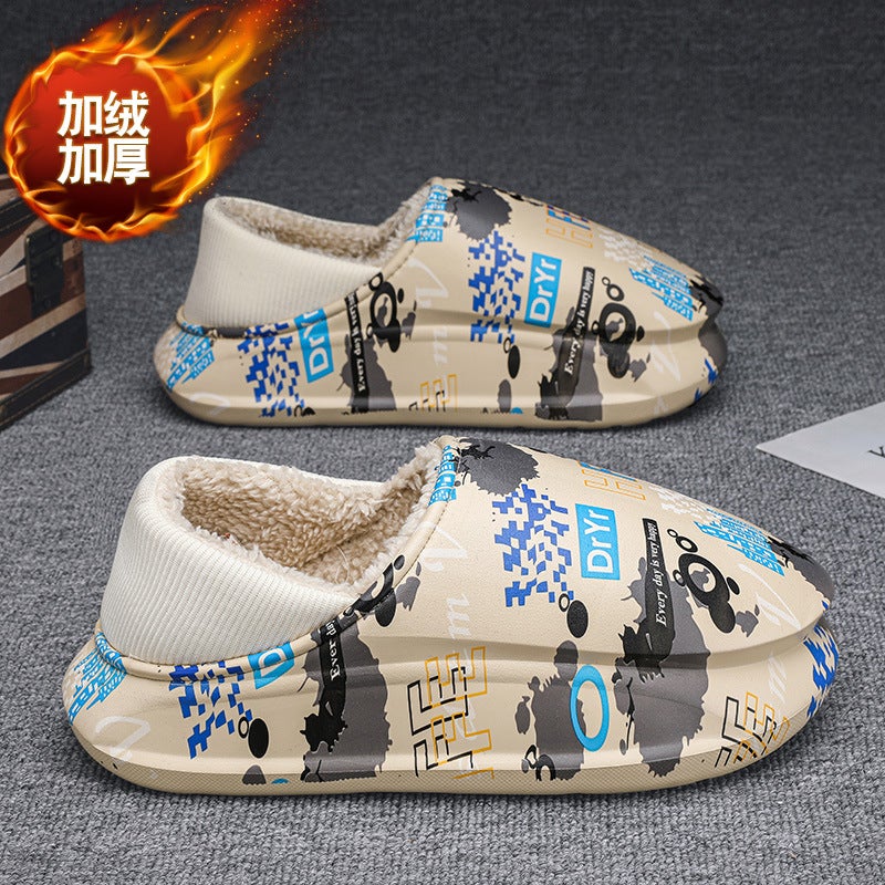 Plus Size Cotton Slippers Men'S Winter Fleece-Lined Warm Cotton Shoes For Lovers Outdoor Waterproof Slippers Thick-Soled Indoor Home - Image 1
