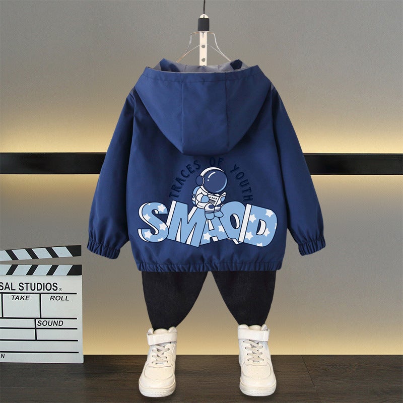 Boys Spring Cartoon Coat Top 2025 New Western Style Middle and Large Childrens Casual All-match Hooded Charge Clothes Navy Blue (Reading Astronaut) 