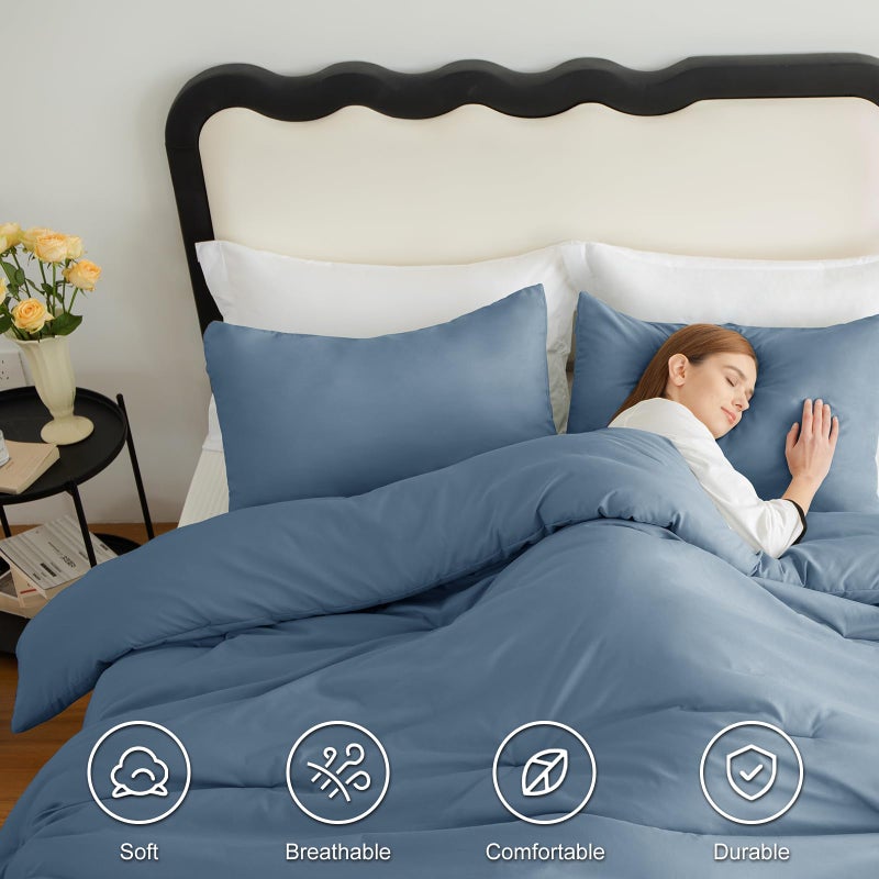 CozyLux Queen Comforter Set Grayish Blue, 3 Pieces Solid Comforters Queen Size Breathable Bedding Sets, Dusty Blue Luxury Soft Lightweight Bed Set with Down Alternative Comforter and 2 Pillowcases - Image 5