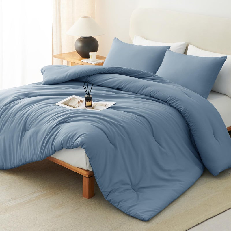 CozyLux Queen Comforter Set Grayish Blue, 3 Pieces Solid Comforters Queen Size Breathable Bedding Sets, Dusty Blue Luxury Soft Lightweight Bed Set with Down Alternative Comforter and 2 Pillowcases - Image 1