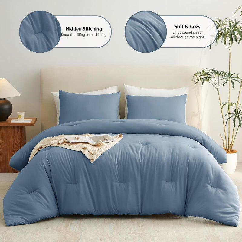 CozyLux Queen Comforter Set Grayish Blue, 3 Pieces Solid Comforters Queen Size Breathable Bedding Sets, Dusty Blue Luxury Soft Lightweight Bed Set with Down Alternative Comforter and 2 Pillowcases - Image 2
