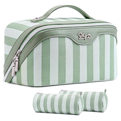 BOYATU Travel Makeup Bag Cosmetic Bag for Women: 3 Pcs Set Striped Make up Bag with Compartments - Waterproof Vegan Leather Toiletry Bag with Handle - Makeup Organizer for Travel Essentials(A-2-Green) - Image 1
