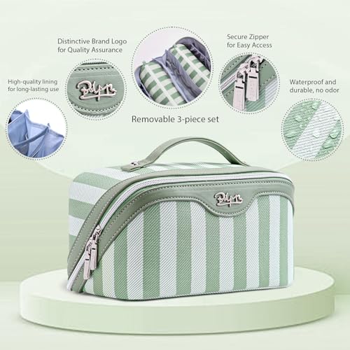 BOYATU Travel Makeup Bag Cosmetic Bag for Women: 3 Pcs Set Striped Make up Bag with Compartments - Waterproof Vegan Leather Toiletry Bag with Handle - Makeup Organizer for Travel Essentials(A-2-Green) - Image 3
