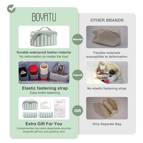 BOYATU Travel Makeup Bag Cosmetic Bag for Women: 3 Pcs Set Striped Make up Bag with Compartments - Waterproof Vegan Leather Toiletry Bag with Handle - Makeup Organizer for Travel Essentials(A-2-Green) - Image 2
