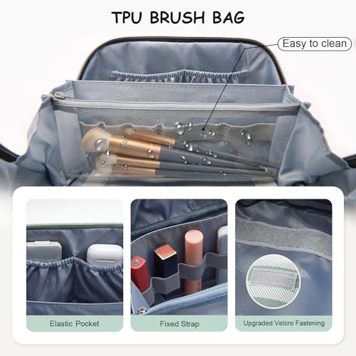 BOYATU Travel Makeup Bag Cosmetic Bag for Women: 3 Pcs Set Striped Make up Bag with Compartments - Waterproof Vegan Leather Toiletry Bag with Handle - Makeup Organizer for Travel Essentials(A-2-Green) - Image 4