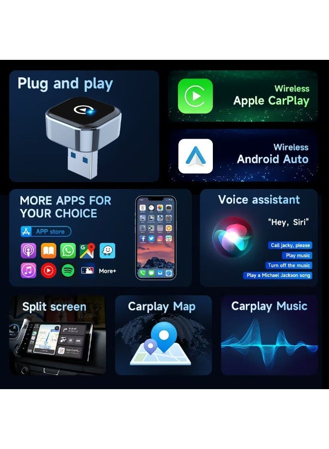 محول لاسلكي لـ CarPlay و Android Auto، نظام ذكي 2 في 1 بتقنية الذكاء الاصطناعي للسيارات، مزود بمحول USB لـ CarPlay، سهل التوصيل والتشغيل، اتصال تلقائي سريع، بلوتوث 5.3، اتصال تلقائي بشبكة Wi-Fi - Image 3