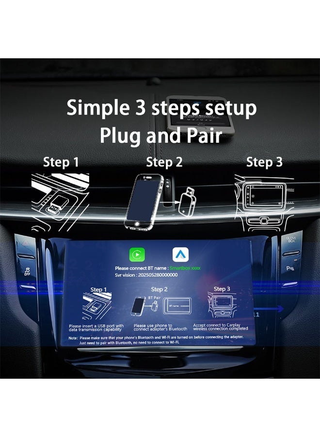 محول لاسلكي لـ CarPlay و Android Auto، نظام ذكي 2 في 1 بتقنية الذكاء الاصطناعي للسيارات، مزود بمحول USB لـ CarPlay، سهل التوصيل والتشغيل، اتصال تلقائي سريع، بلوتوث 5.3، اتصال تلقائي بشبكة Wi-Fi - Image 2