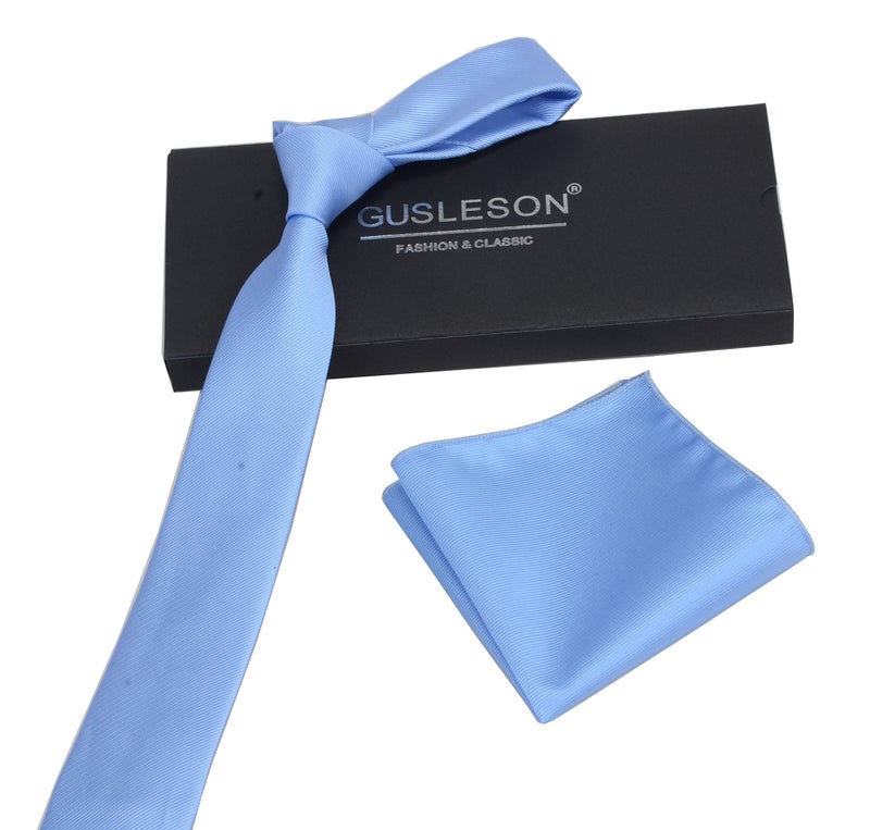 GUSLESON 2.4" Slim Necktie and Handkerchief Set For Men Solid Skinny Tie (0754-04) - Image 2