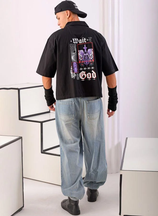 ذا انديان كراج كو Men Boxy Fit Graphic Print Half Sleeves Cuban Collar Street Wear Cropped Shirt