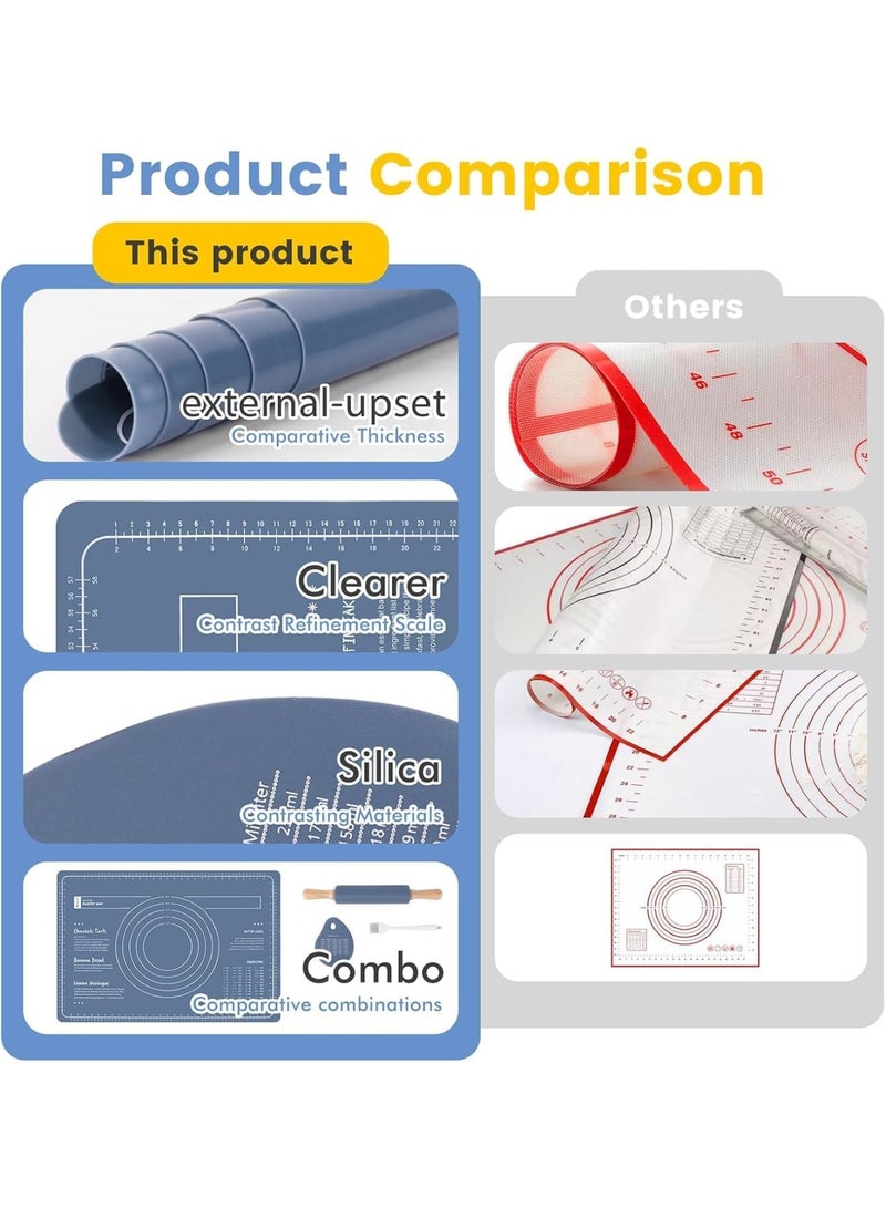 SYOSI Rolling Pin and Baking Set, Wooden Dough Roller with Silicone Pastry Mat, Pastry Brushes and Dough Scraper for Non Stick Baking, 38cm Roller 60x40cm Mat, Home Kitchen Baking, 4 Piece Set, Blue - Image 2