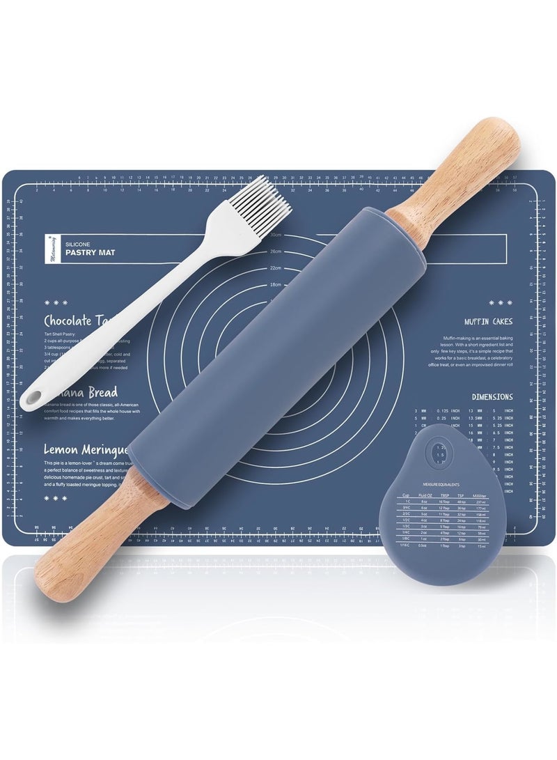 SYOSI Rolling Pin and Baking Set, Wooden Dough Roller with Silicone Pastry Mat, Pastry Brushes and Dough Scraper for Non Stick Baking, 38cm Roller 60x40cm Mat, Home Kitchen Baking, 4 Piece Set, Blue - Image 1