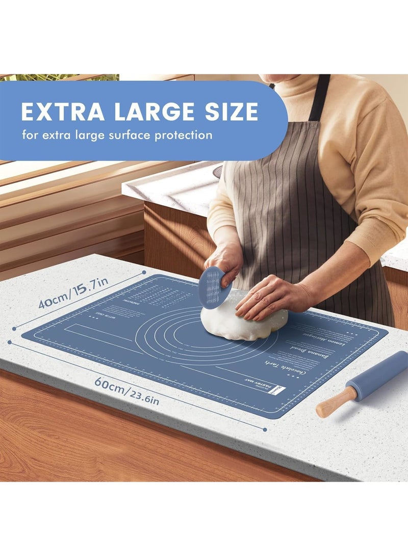 SYOSI Rolling Pin and Baking Set, Wooden Dough Roller with Silicone Pastry Mat, Pastry Brushes and Dough Scraper for Non Stick Baking, 38cm Roller 60x40cm Mat, Home Kitchen Baking, 4 Piece Set, Blue - Image 3