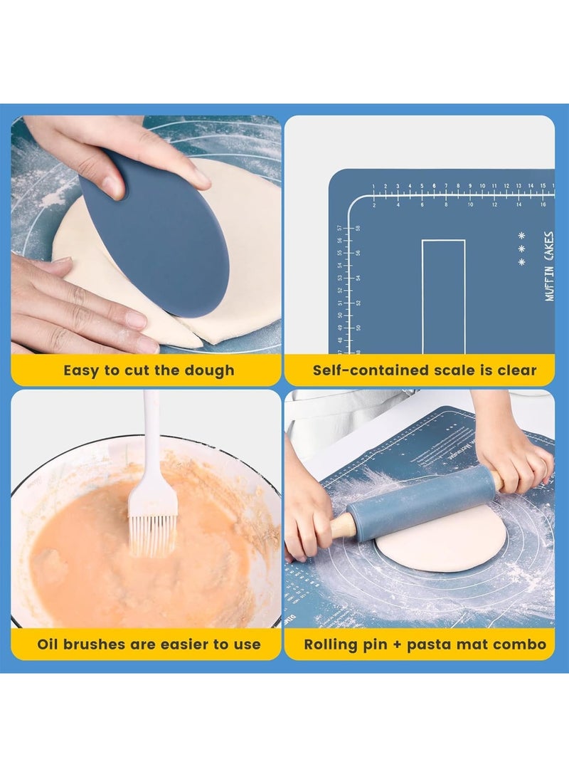 SYOSI Rolling Pin and Baking Set, Wooden Dough Roller with Silicone Pastry Mat, Pastry Brushes and Dough Scraper for Non Stick Baking, 38cm Roller 60x40cm Mat, Home Kitchen Baking, 4 Piece Set, Blue - Image 4