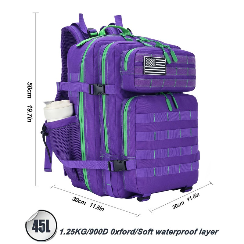Lovelinks21 45L Tactical Assault Backpack 3 day assault pack with Molle Waterproof backpack Rucksack for Tactical Backpacks (Purple Green) - Image 3
