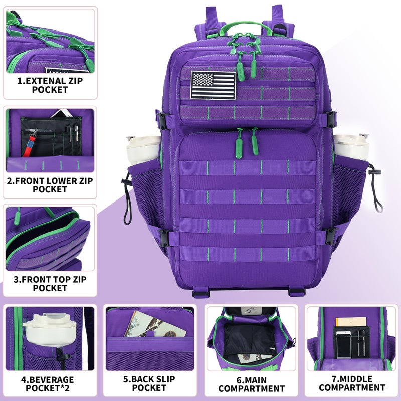 Lovelinks21 45L Tactical Assault Backpack 3 day assault pack with Molle Waterproof backpack Rucksack for Tactical Backpacks (Purple Green) - Image 5
