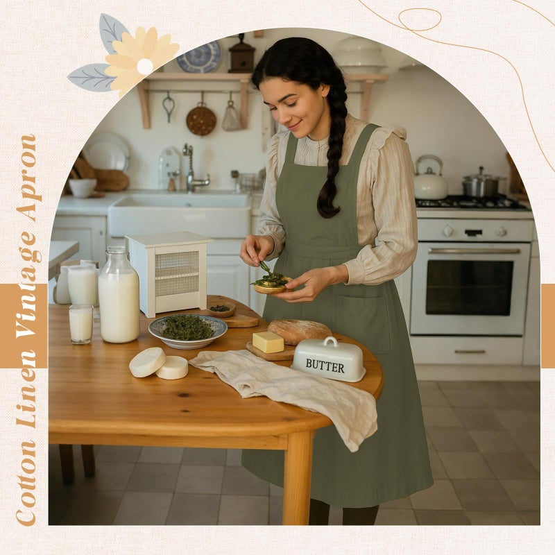 Cotwinter 1 Pack 100% Cotton Aprons with Pockets Pinafore Dress for Women Vintage Cute Aprons for Kitchen Baking Gardening Painting (Khaki Green) - Image 5
