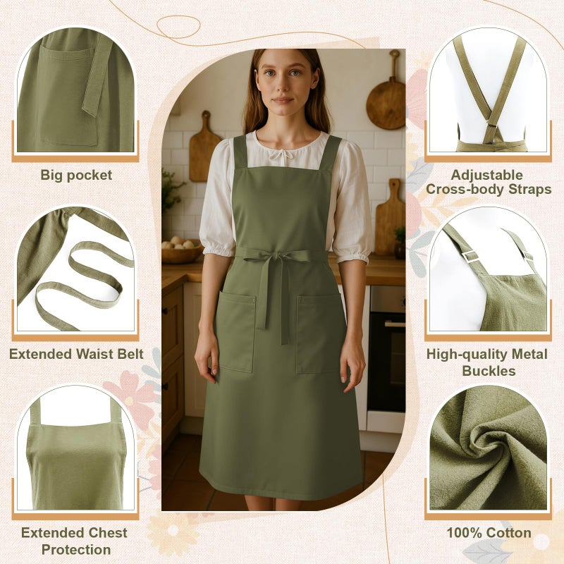 Cotwinter 1 Pack 100% Cotton Aprons with Pockets Pinafore Dress for Women Vintage Cute Aprons for Kitchen Baking Gardening Painting (Khaki Green) - Image 3