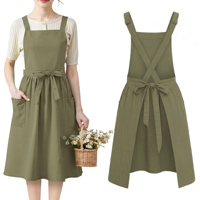 Cotwinter 1 Pack 100% Cotton Aprons with Pockets Pinafore Dress for Women Vintage Cute Aprons for Kitchen Baking Gardening Painting (Khaki Green) - Image 1