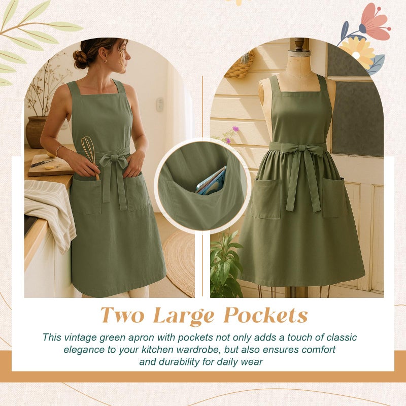 Cotwinter 1 Pack 100% Cotton Aprons with Pockets Pinafore Dress for Women Vintage Cute Aprons for Kitchen Baking Gardening Painting (Khaki Green) - Image 4