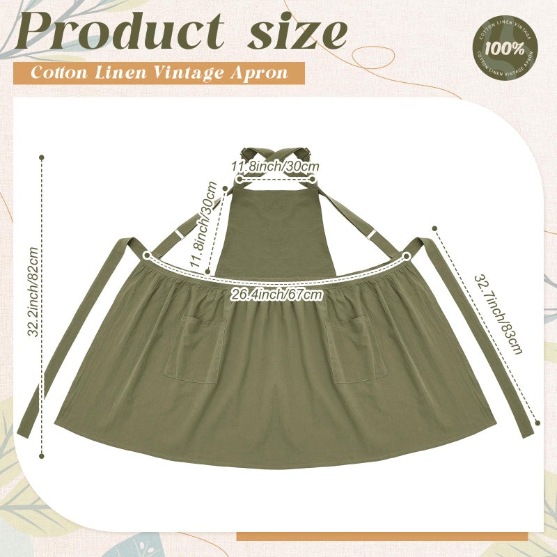 Cotwinter 1 Pack 100% Cotton Aprons with Pockets Pinafore Dress for Women Vintage Cute Aprons for Kitchen Baking Gardening Painting (Khaki Green) - Image 2