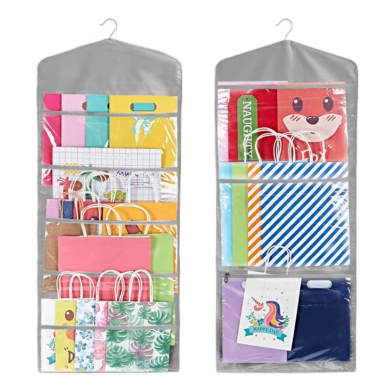 ProPik ProPik Hanging Double Sided Gift Bag Storage Organizer with Multiple Front and Back Pockets  Organize Your Gift Wrap Tissue Paper and Paper Bags 38 x 16 Inch PVC Gray 