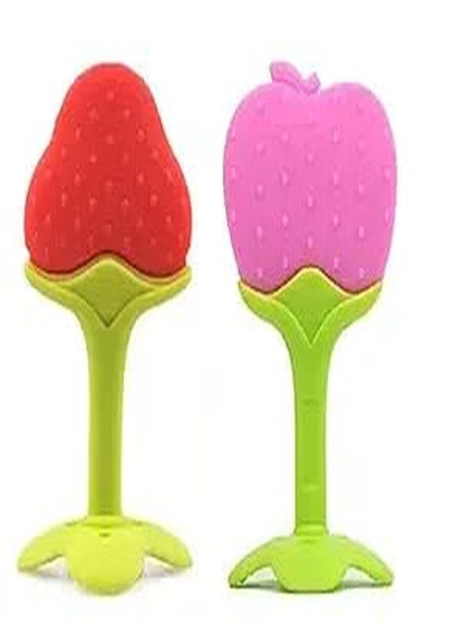 MANUHUT (Pack of 2) Baby Teething Toys for Babies 0-6 Months,Baby Toys 6 to 12 Months, BPA Free Soft and Textured Fruit Shaped Silicone Teether Relief Soothing Sore Gums Chew Infant Toys RED and Pink - Image 1