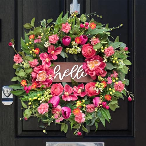 wreathqueen Spring Wreaths for Front Door 24 Inch with Hello Sign,Artificial Summer Wreath with Pink Peony and Orchid,Indoor and Outdoor Wreath for Farmhouse Wall Home Porch Decor - Image 1