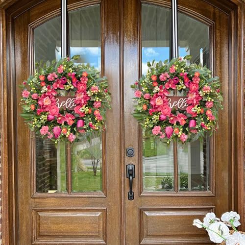 wreathqueen Spring Wreaths for Front Door 24 Inch with Hello Sign,Artificial Summer Wreath with Pink Peony and Orchid,Indoor and Outdoor Wreath for Farmhouse Wall Home Porch Decor - Image 3