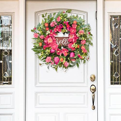 wreathqueen Spring Wreaths for Front Door 24 Inch with Hello Sign,Artificial Summer Wreath with Pink Peony and Orchid,Indoor and Outdoor Wreath for Farmhouse Wall Home Porch Decor - Image 2