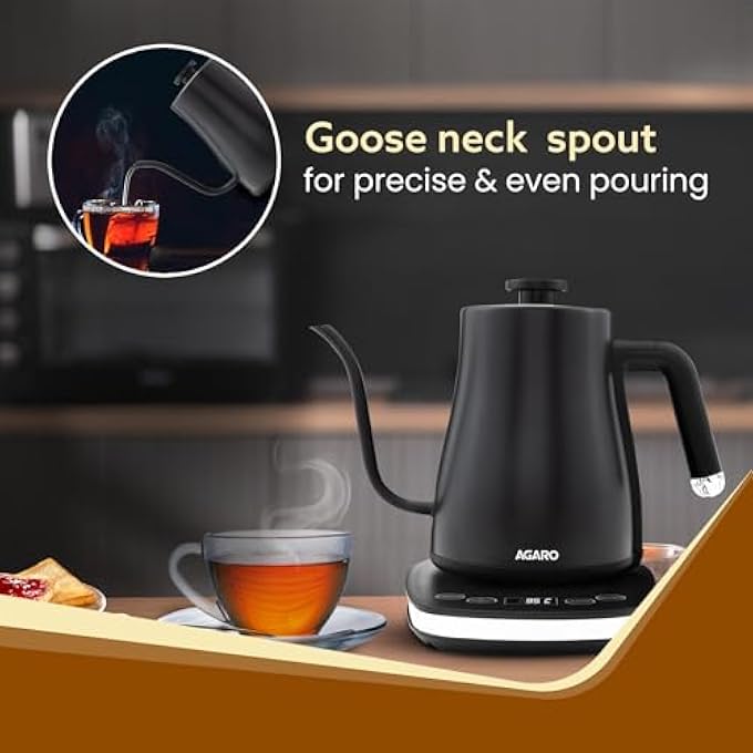 AGARO Grand Electric Goose Neck Kettle 800 Ml Hot Water Tea Coffee Stainless Steel Body Narrow Neck Adjustable Temperature Settings Led Display Black  1500 Watts - Image 2