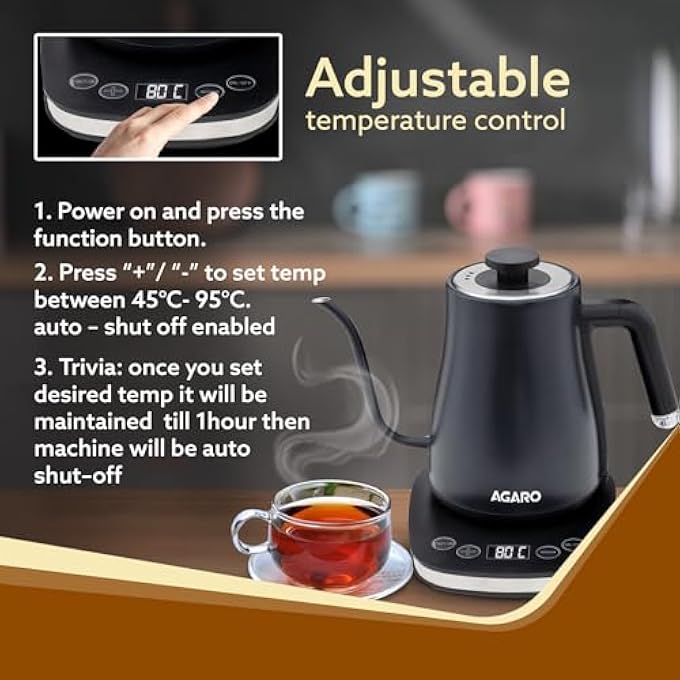 AGARO Grand Electric Goose Neck Kettle 800 Ml Hot Water Tea Coffee Stainless Steel Body Narrow Neck Adjustable Temperature Settings Led Display Black  1500 Watts - Image 4