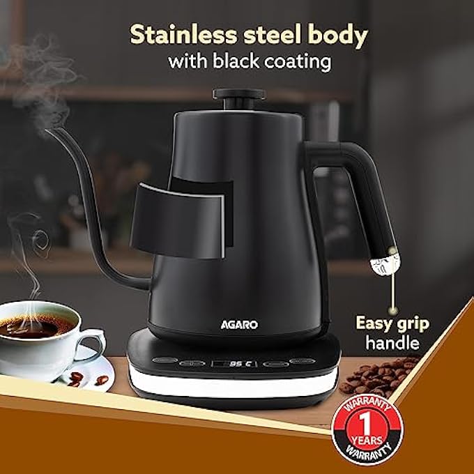 AGARO Grand Electric Goose Neck Kettle 800 Ml Hot Water Tea Coffee Stainless Steel Body Narrow Neck Adjustable Temperature Settings Led Display Black  1500 Watts - Image 5
