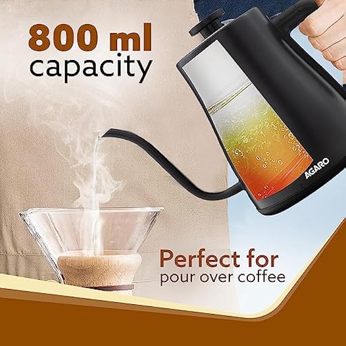 AGARO Grand Electric Goose Neck Kettle 800 Ml Hot Water Tea Coffee Stainless Steel Body Narrow Neck Adjustable Temperature Settings Led Display Black  1500 Watts - Image 3