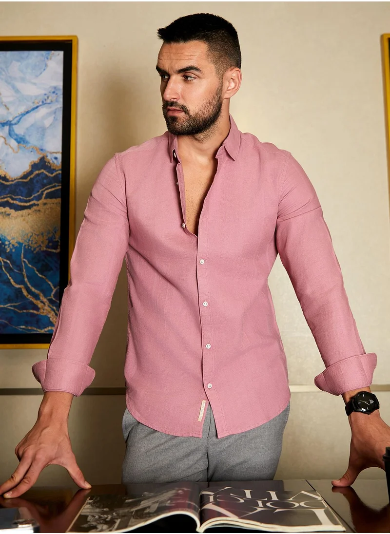 Campus Sutra Men's Coral Pink Self-Design Striped Shirt