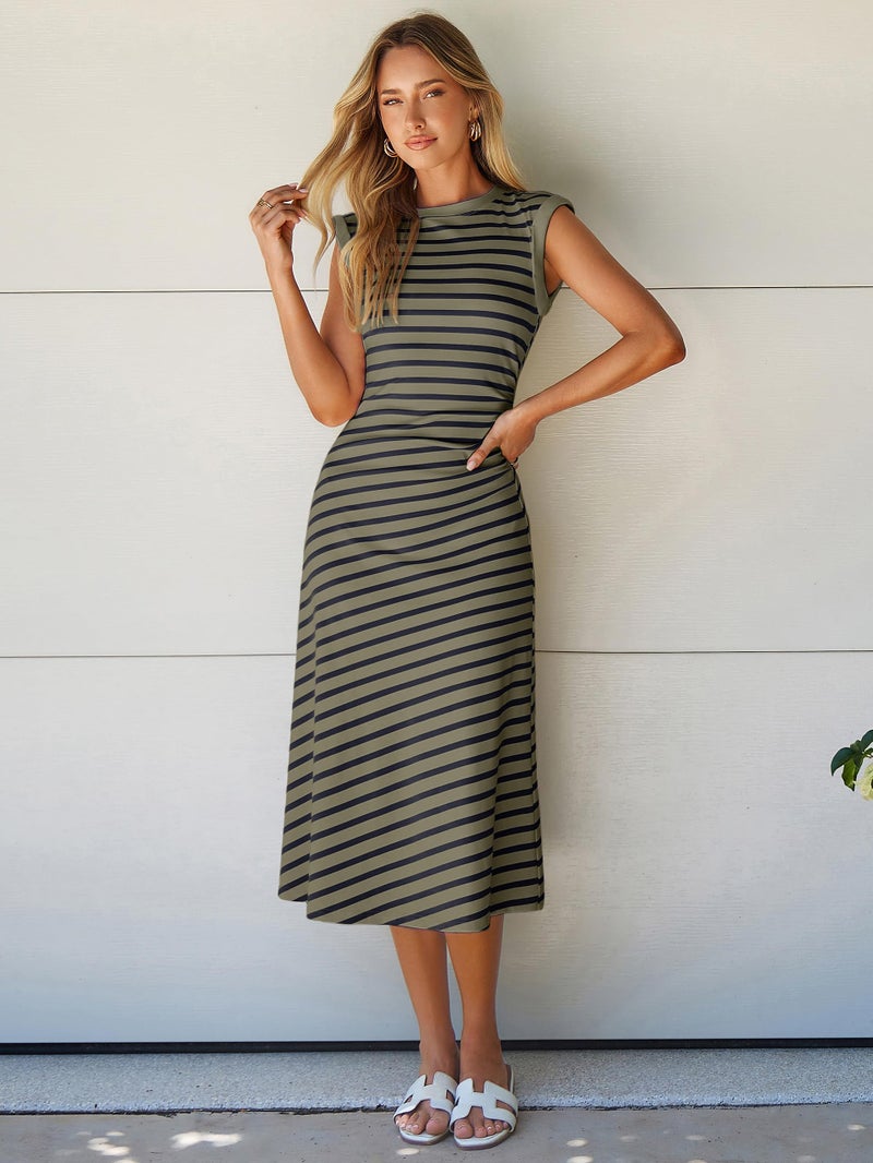 Glamaker Women Summer Tshirt Midi Dress Soft A Line Cap Sleeve Casual Sun Dress for Work Beach Vacation(Army Green M) - Image 3