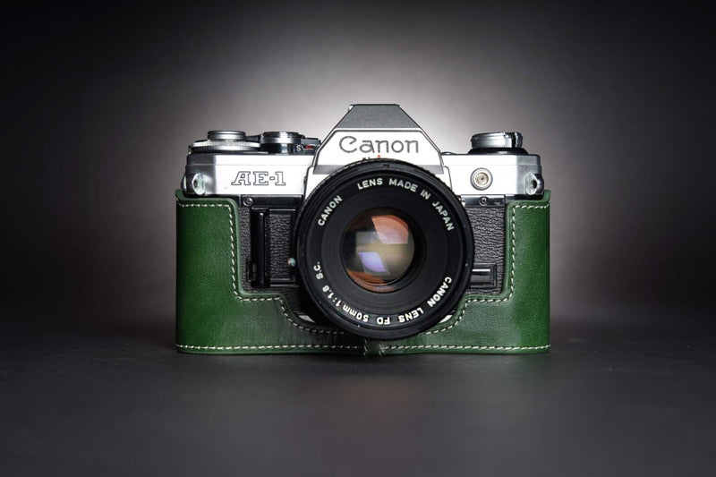 BolinUS A-1 Case, BolinUS Handmade Genuine Real Leather Half Camera Case Bag Cover for Canon AE-1 A-1 (NO Handle) Camera with Hand Strap (Green) - Image 3
