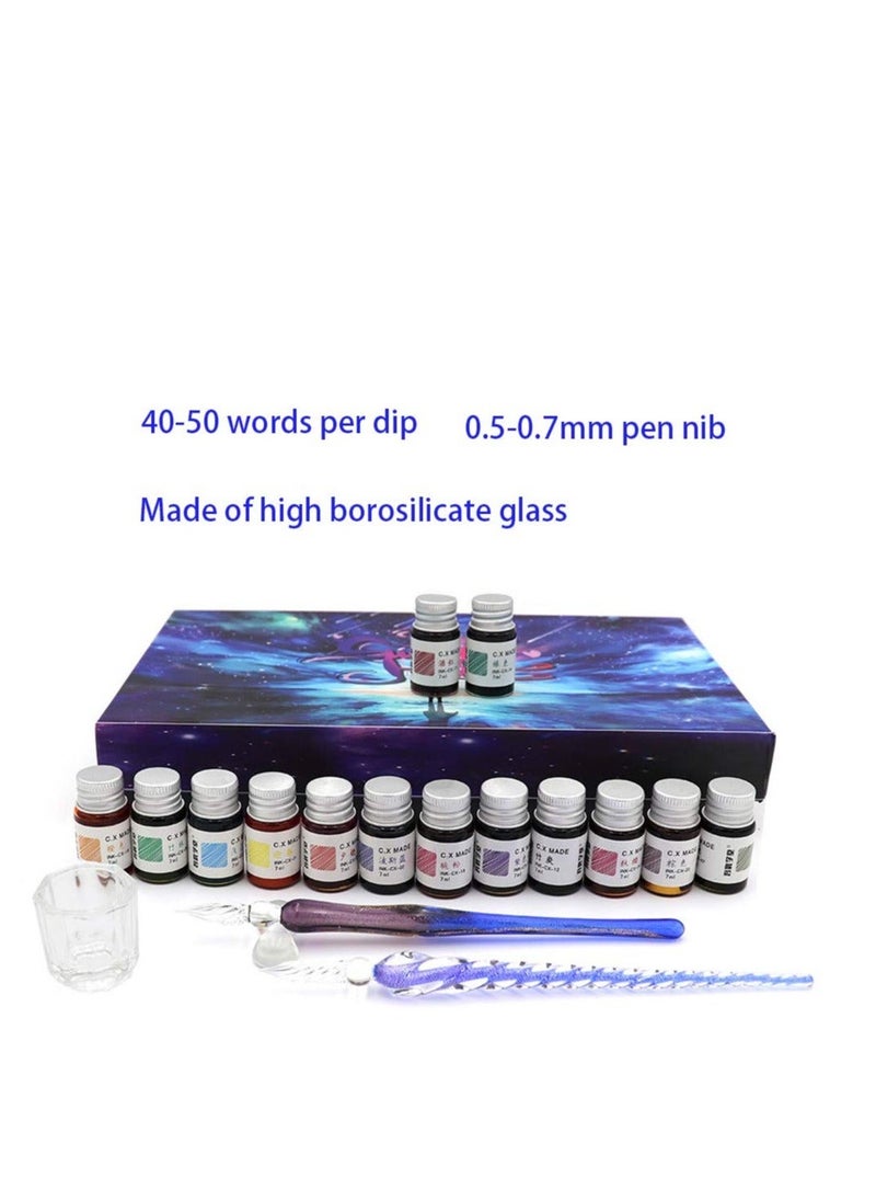 Generic Crystal Dip Calligraphy Pen Set, 18 Pcs 14 Color Inks, Pen Holder, Cleaning Cup, 2 Crystal Glass Pens for Art, Writing, Drawing, Signatures, Gift for Kids and Artist  - Image 3