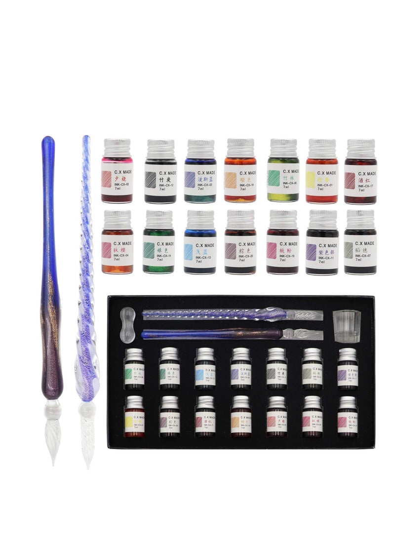 Generic Crystal Dip Calligraphy Pen Set, 18 Pcs 14 Color Inks, Pen Holder, Cleaning Cup, 2 Crystal Glass Pens for Art, Writing, Drawing, Signatures, Gift for Kids and Artist  - Image 1