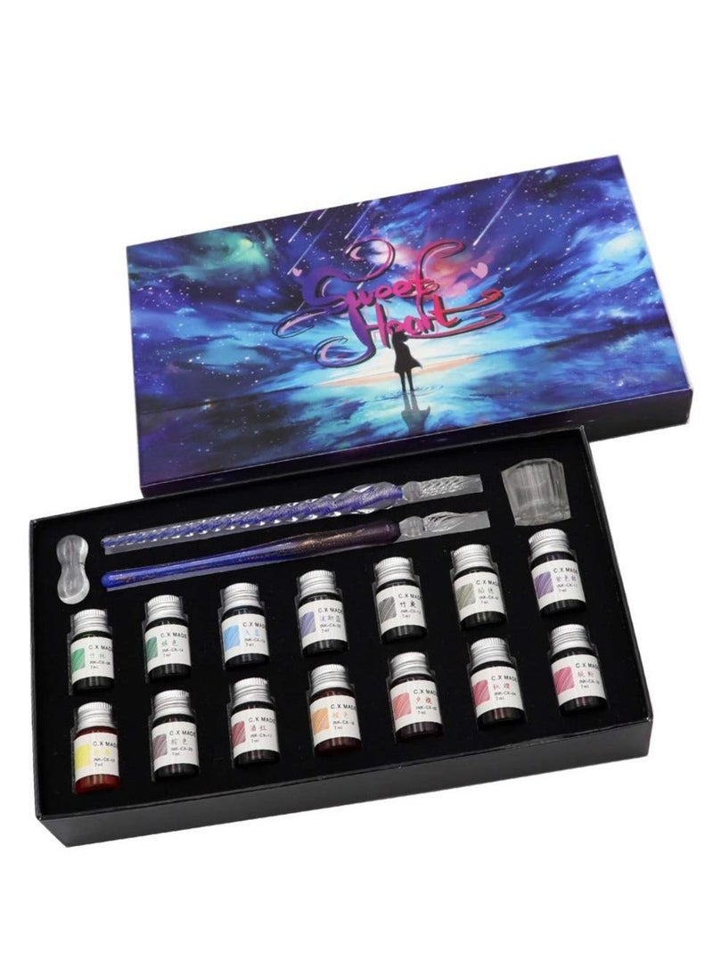 Generic Crystal Dip Calligraphy Pen Set, 18 Pcs 14 Color Inks, Pen Holder, Cleaning Cup, 2 Crystal Glass Pens for Art, Writing, Drawing, Signatures, Gift for Kids and Artist  - Image 2