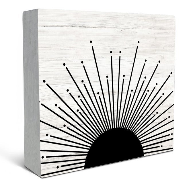 ABSTRACT BOHO BLACK SUN SUNRISE SUNSET SUNSHINE SUNRAY RUSTIC WOOD BOX SIGN DESK DECOR BOHO MID CENTURY MODERN ART WOODEN BLOCK BOX SIGN DECORATION FOR HOME OFFICE WALL SHELF TABLE DECOR
