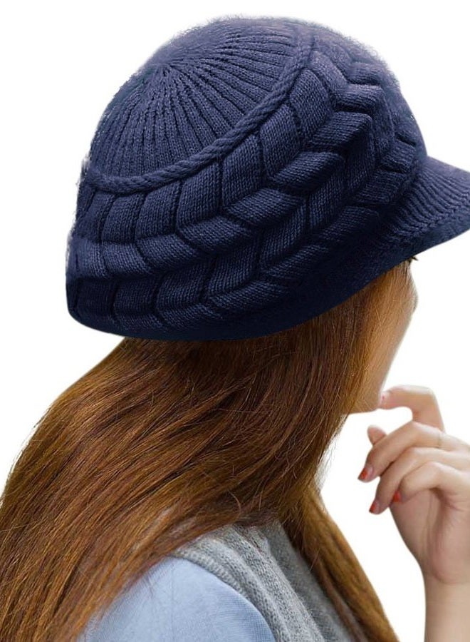 HINDAWI Womens Winter Hat Warm Knit Wool Ski Snow Caps With Visor Navy - Image 2