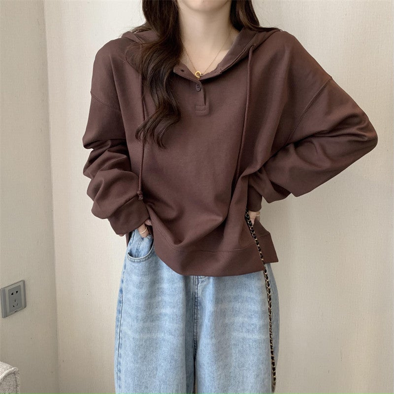 Real Shot Sweater Womens Spring and Autumn Thin Loose Korean Fashionable Students All-Match Long Sleeve Hoodie Top Clothes Jacket for Hair Brown-fleece-lined thickened for autumn and winter